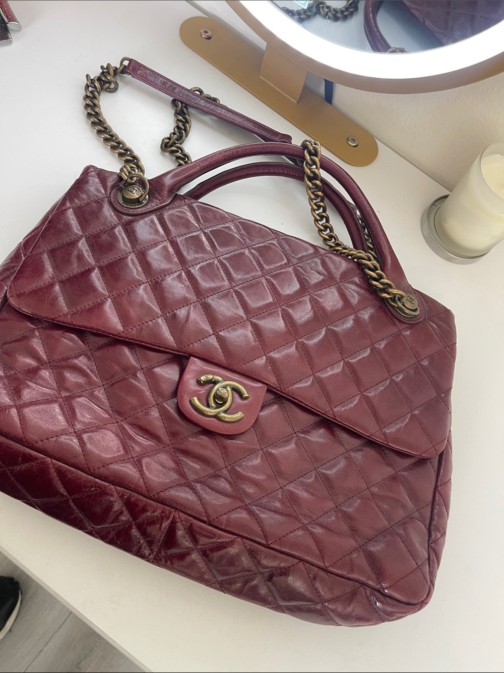 CHANEL Burgundy Quilted Lambskin Double-Flap Shoulder Bag